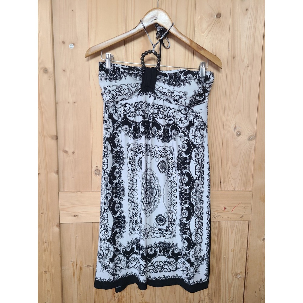 En Focus Studio Halter Dress Womens 8 Black White Good Baroque Scarf Print Y2K